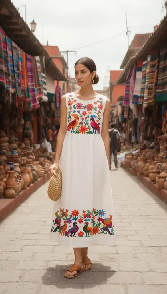 Woman in a white linen midi dress with Otomi embroidery motifs, styled with a woven bag and leather sandals at a Mexican market.