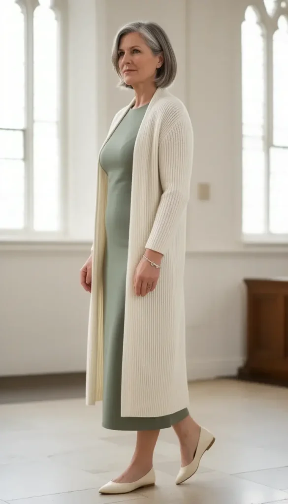 A woman in a sage green column dress layered with a long cream ribbed cardigan and pointed flats, photographed in soft natural indoor light near church windows.