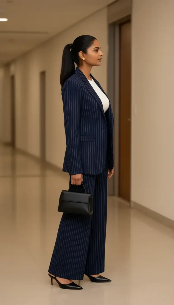 South Asian woman in a navy pinstripe blazer and matching wide-leg trousers in a corporate building corridor