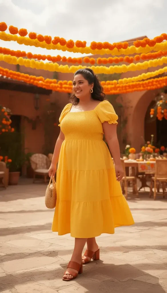 Curvy woman in a canary yellow smocked cotton midi dress with cognac sandals against a marigold garland backdrop.