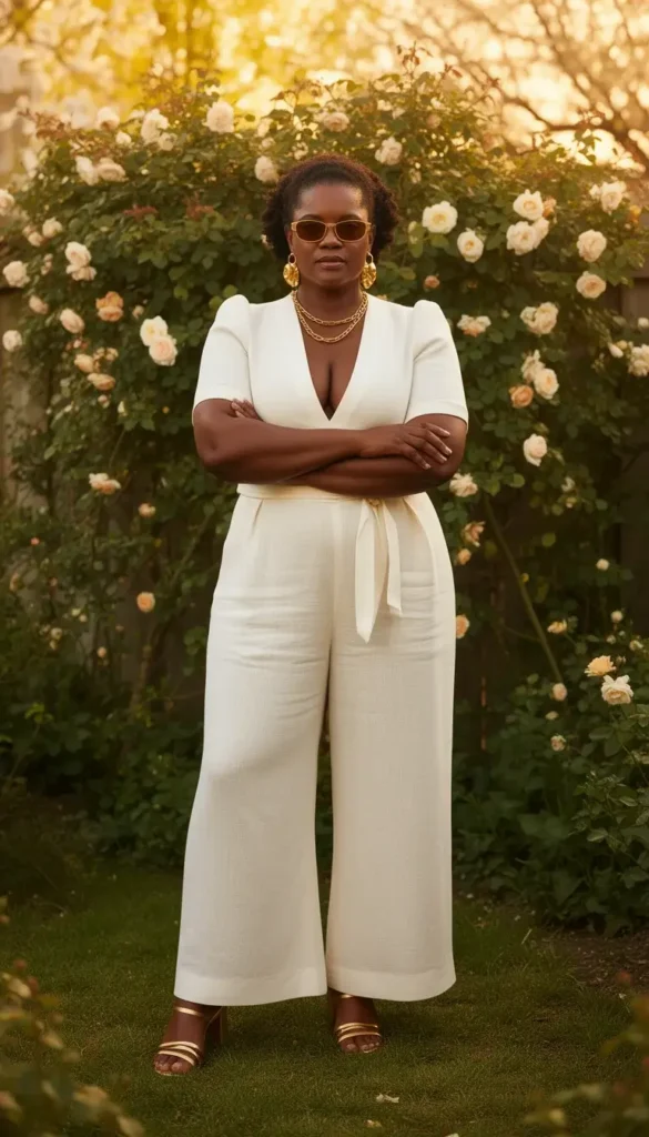 A plus-size Black woman in an ivory wide-leg linen jumpsuit with a deep V-neck and gold sculptural earrings standing in a garden, looking directly at the camera.
