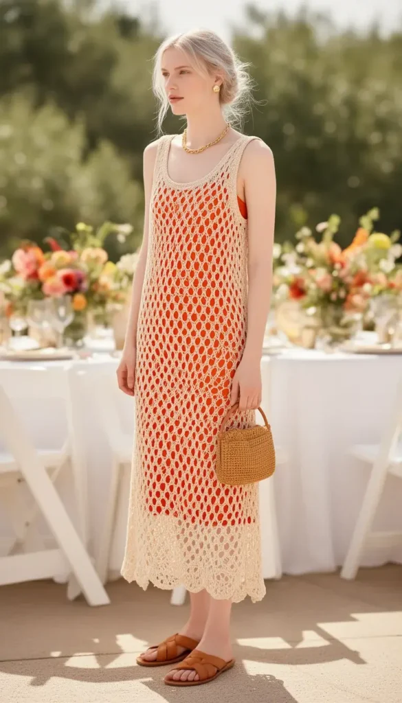 Tall woman in a cream crochet overlay midi dress over a deep tangerine slip with tan sandals at an outdoor festive lunch.