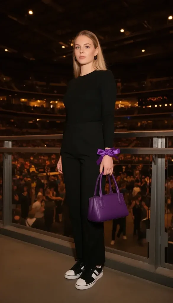 Tall Black woman in an all-black outfit holding a deep violet bag as the single color note at a BTS concert