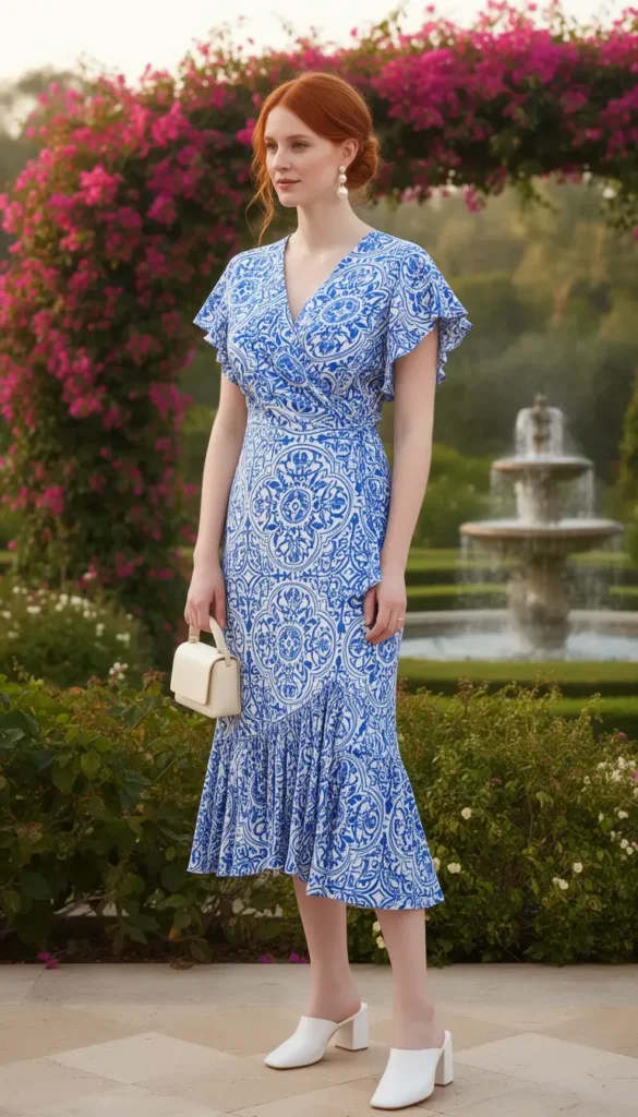 Tall woman with auburn hair wearing a blue-and-white Talavera tile print wrap dress on a garden terrace.