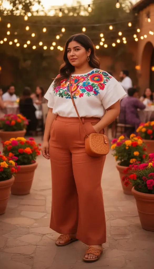 Mexican-American woman in a hand-embroidered Oaxacan white blouse and terracotta wide-leg trousers at a Cinco de Mayo celebration