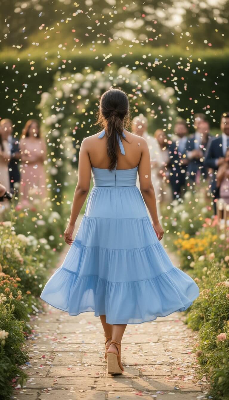 A woman in a powder blue tiered midi dress walking away through a garden while confetti falls around her after a spring wedding ceremony.