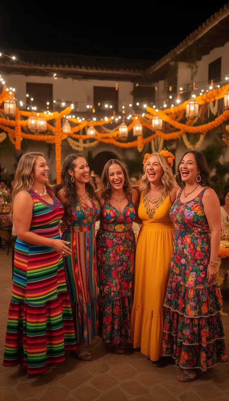 Candid over-the-shoulder group shot of women wearing various Mexican-inspired print outfits at a festive outdoor hacienda celebration.