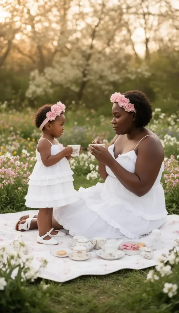 A mother and toddler daughter in matching white ruffle-trim tiered dresses having a garden tea party on Mother's Day, both wearing matching floral headbands.