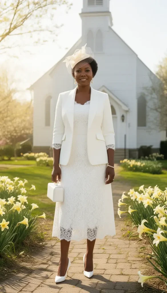 A woman in a white lace midi dress beneath a structured white blazer with pearl jewelry and a small fascinator, photographed outside a church on Easter Sunday morning.