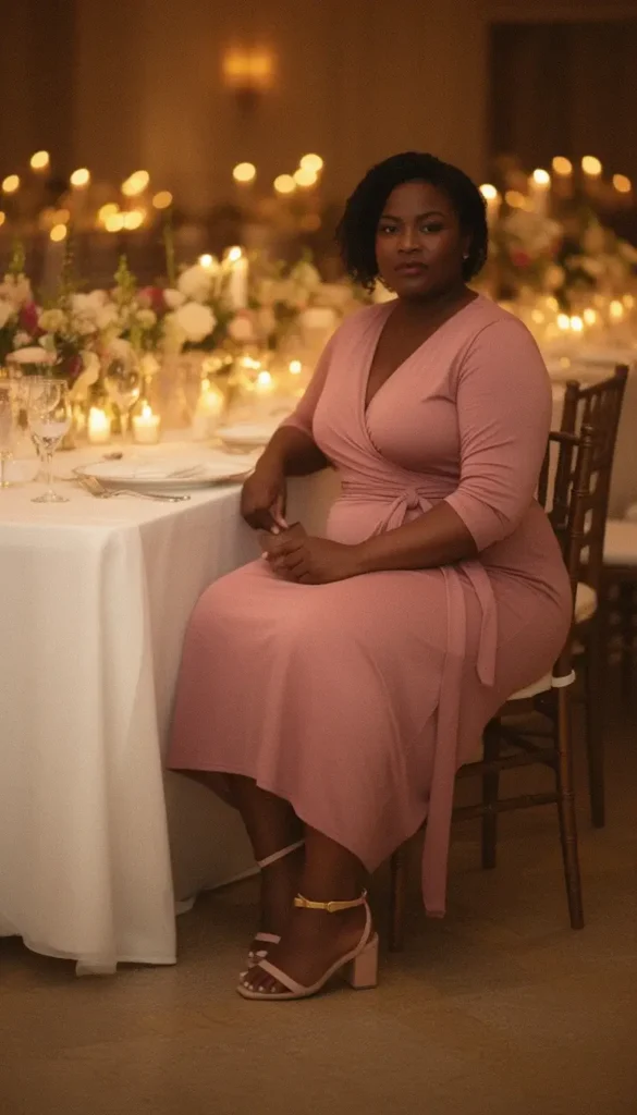 A woman in a dusty rose wrap midi dress seated at a wedding reception table, photographed from the waist down with candlelit surroundings.