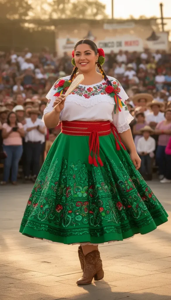Mexican-American woman in a full traditional Jalisco regional dress with sequin embroidery and braided hair at a public Cinco de Mayo cultural celebration