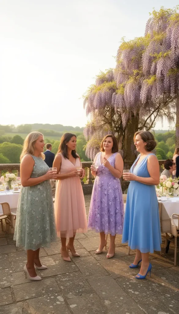 A group of four women in varied spring wedding guest dresses in sage, blush, lavender, and cornflower blue socializing on a country estate terrace.