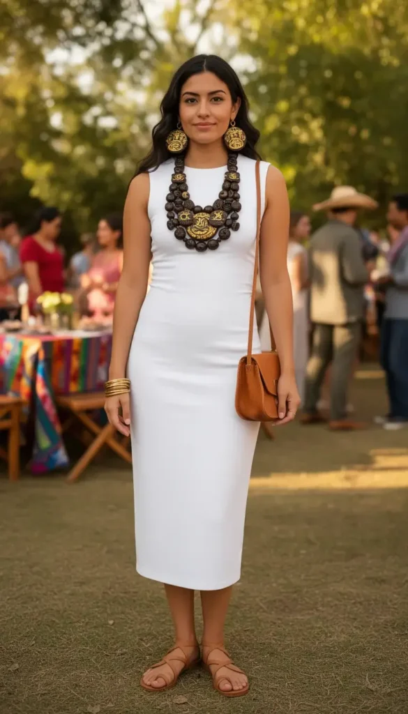 Woman in a white sleeveless midi dress with a dramatic Oaxacan hand-carved wooden bead statement necklace as the cultural centerpiece