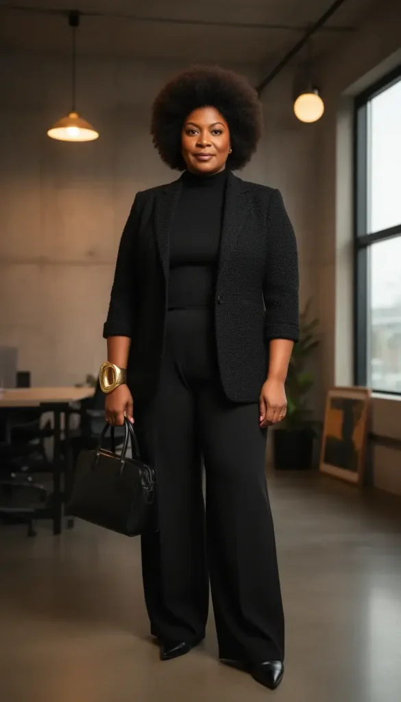Full-figured woman in all-black textured office layers, ribbed mock-neck, bouclé blazer, and wide-leg crepe trousers with a gold cuff.