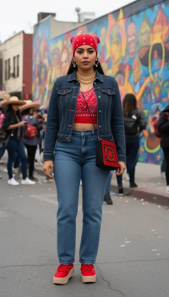 Young Chicana woman in a denim jacket over a red bandana crop top with gold hoop earrings in a Chicana street style Cinco de Mayo look