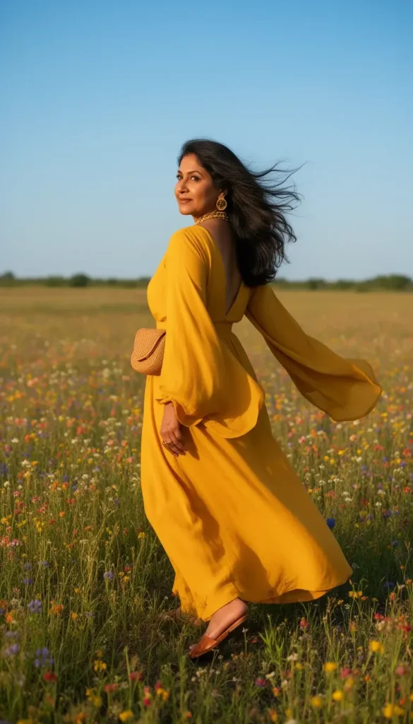 A South Asian woman in a mustard yellow deep-V billowing maxi dress walking through a wildflower field on a spring afternoon, looking back over her shoulder.