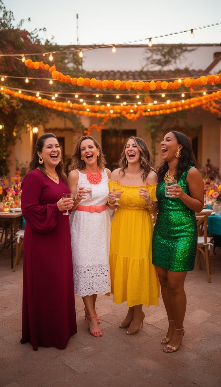 Candid group shot of four women of different body types in vivid fiesta dresses at a festive outdoor hacienda.