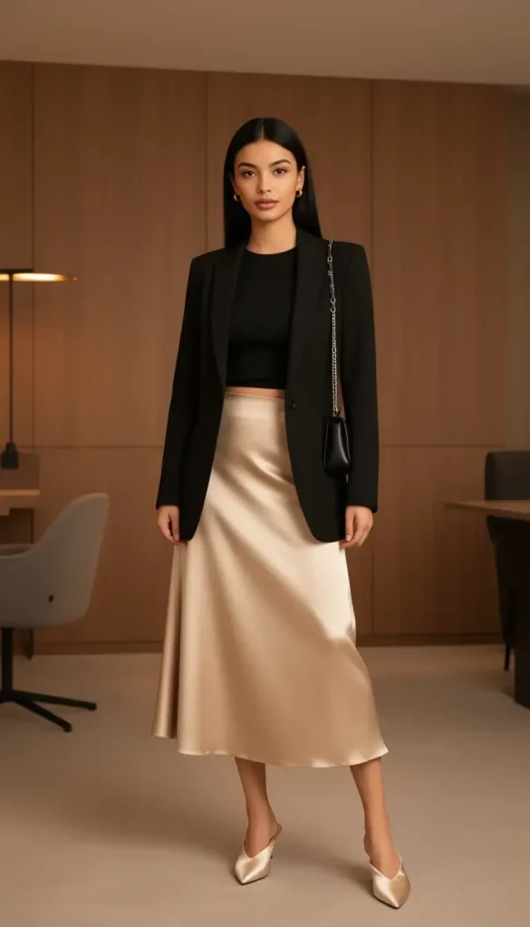 Petite woman in a black tailored blazer and champagne satin bias-cut midi skirt with matching mules in a warm-toned office interior.