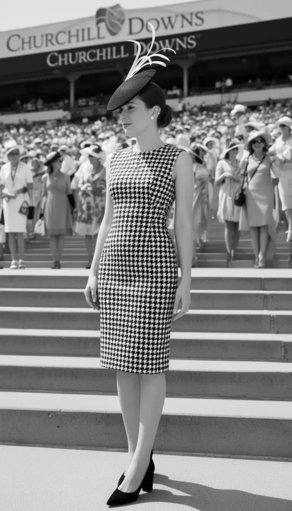 Petite woman wearing a black crinoline disc fascinator with a single feather at the Kentucky Derby grandstand