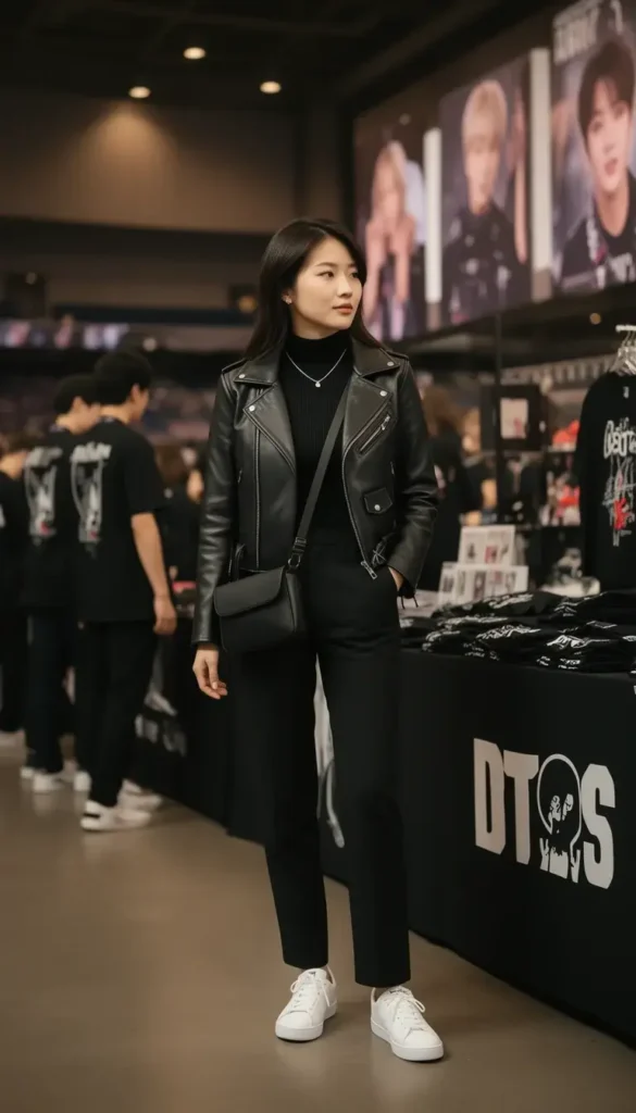 Petite Asian woman in a black leather jacket and tailored trousers representing Jungkook's aesthetic at a BTS concert