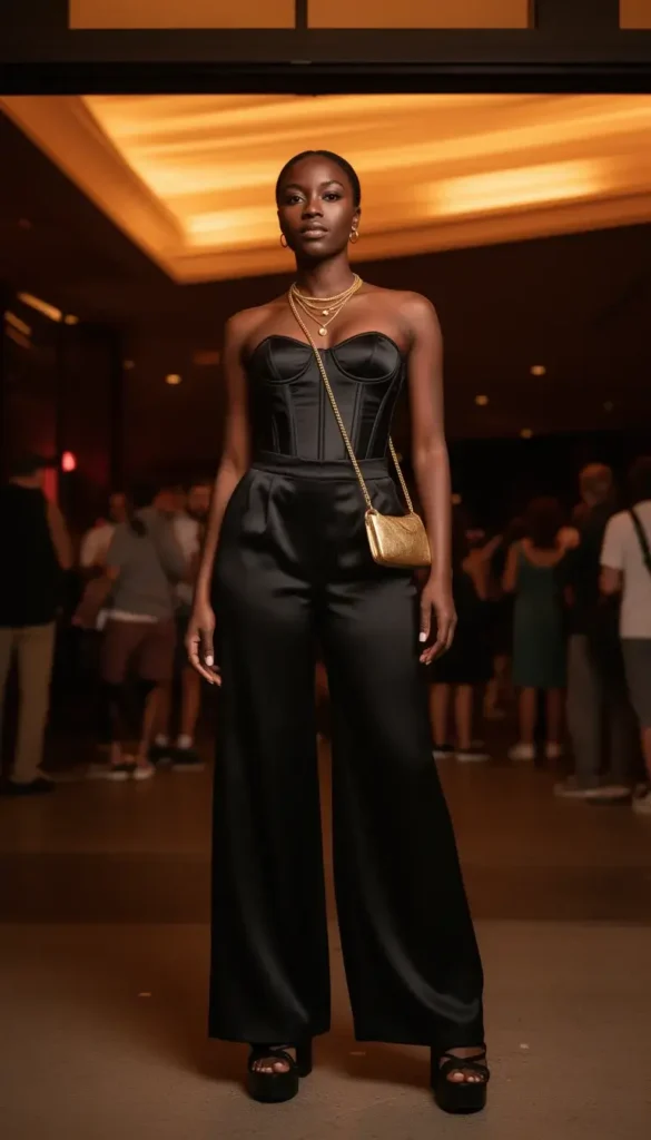 Tall Black woman in a black satin corset and wide-leg trousers at a Bruno Mars concert entrance
