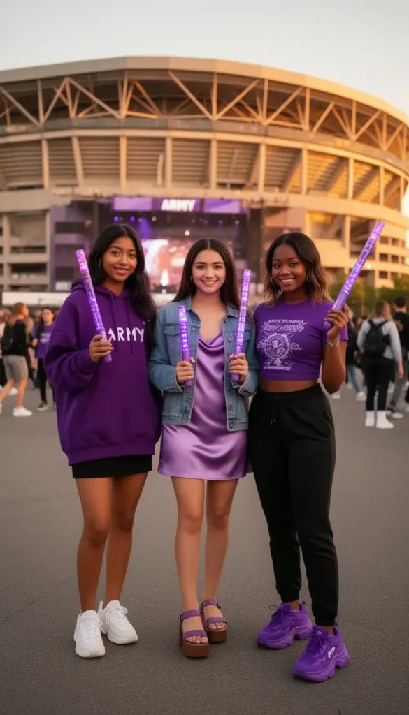 Three friends in coordinated purple outfits holding ARMY Bombs outside a BTS stadium show