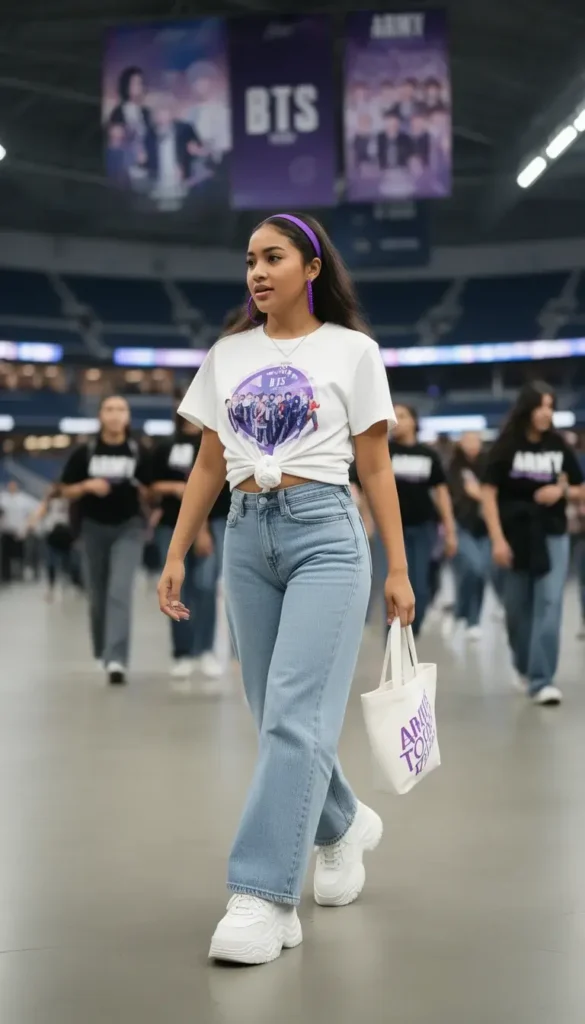 Young Latina woman with a tied BTS merch tee and wide-leg jeans at a BTS stadium concert concourse