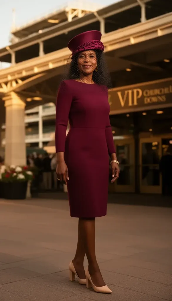 Tall Black woman in a deep burgundy structured cocktail hat with a full-face net veil at Churchill Downs VIP entrance