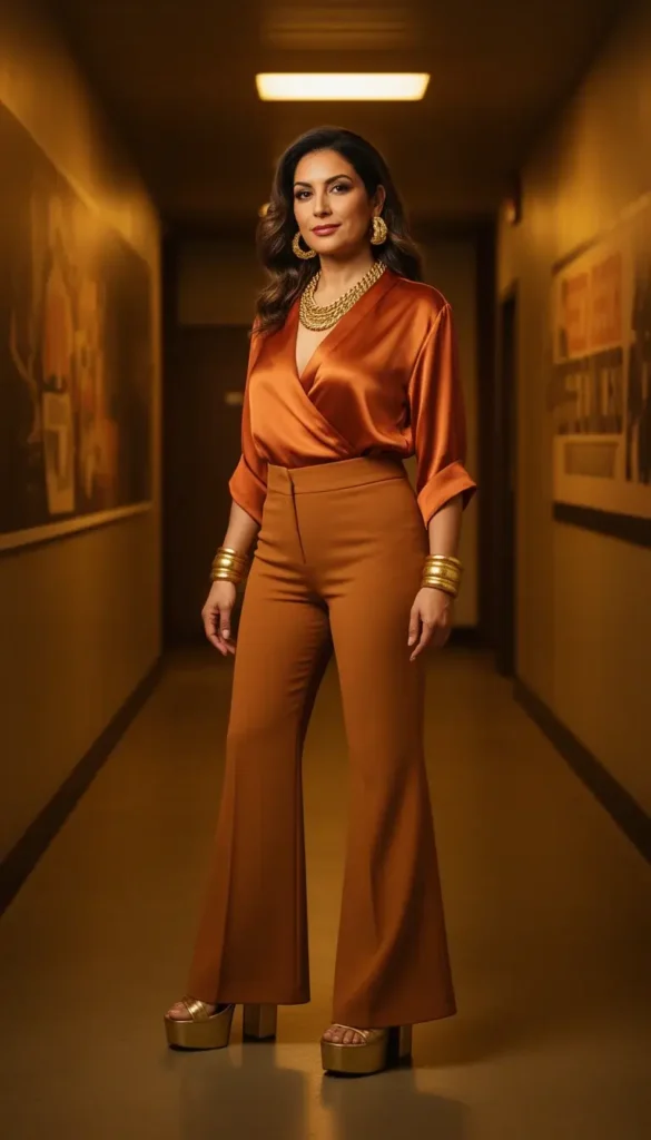 Woman in a burnt orange satin wrap blouse and wide-flare caramel trousers in 70s-inspired concert outfit