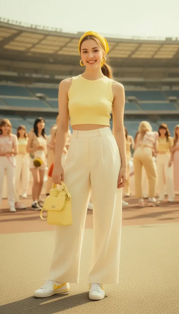 Woman in a pale yellow crop top and cream wide-leg trousers in a Butter era-inspired BTS ARMY concert outfit