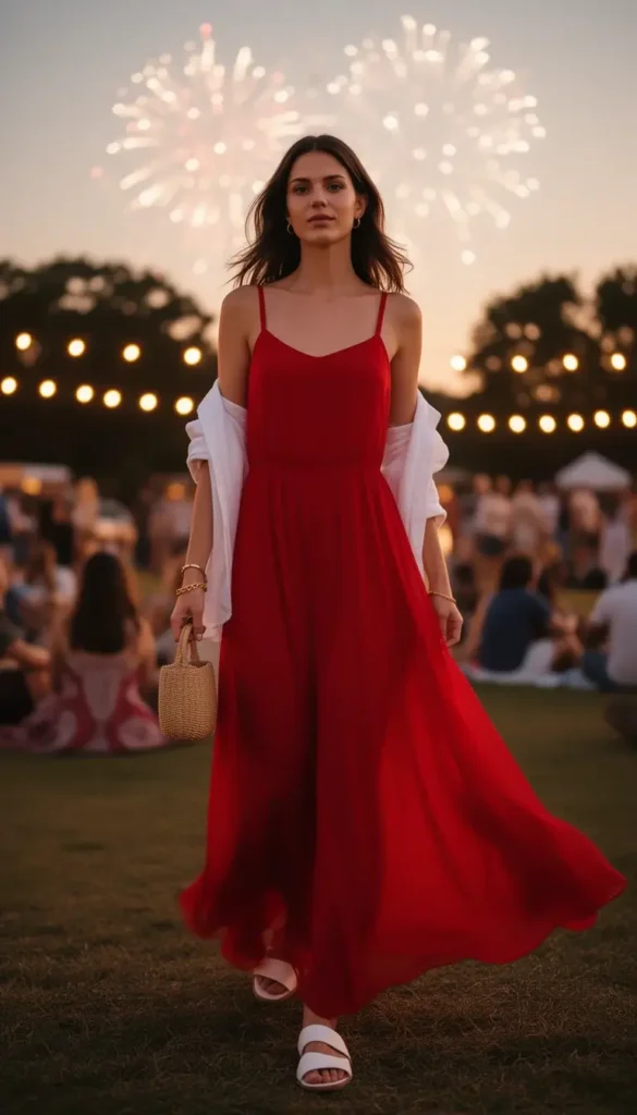 Tall woman in a flowing red chiffon maxi dress with a white linen shirt draped over her shoulders at a warm summer evening gathering.
