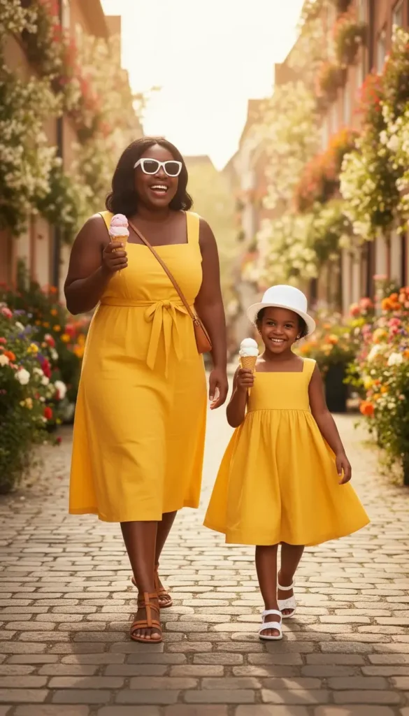 A mother and her young daughter in matching yellow square-neck sundresses eating ice cream while walking down a flower-lined cobblestone street on Mother's Day.