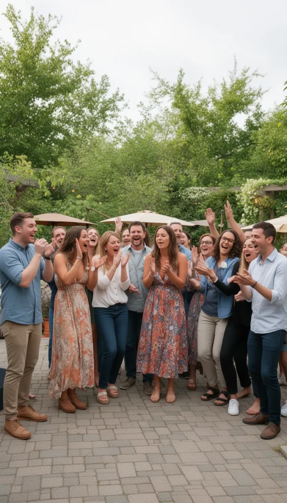 Group of friends reacting to a surprise engagement announcement