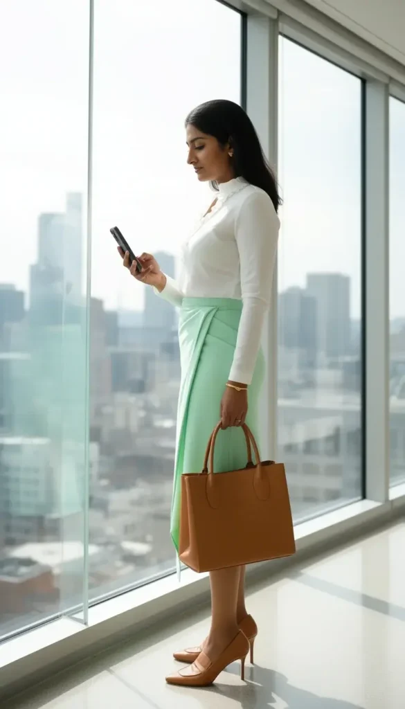 A tall South Asian woman in a mint green wrap midi skirt and white ruffled-collar blouse looking at her phone by a large office window, with a tan leather tote.