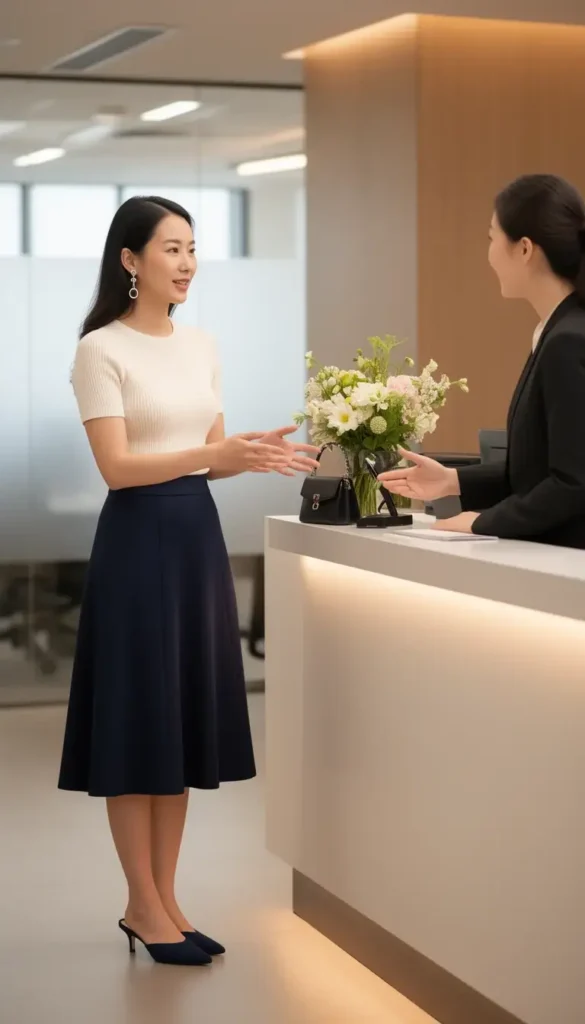 An East Asian woman in a navy A-line midi skirt and ivory ribbed knit top greeting a visitor at a modern office reception desk.