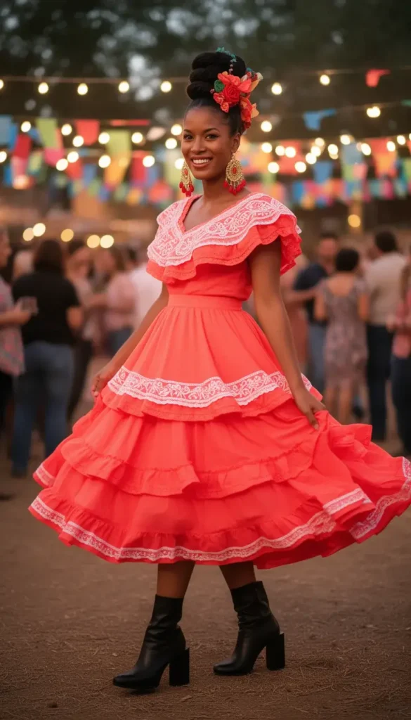 Woman in a vivid coral tiered fiesta dress with embroidered trim and chignon updo at an outdoor celebration with string lights.
