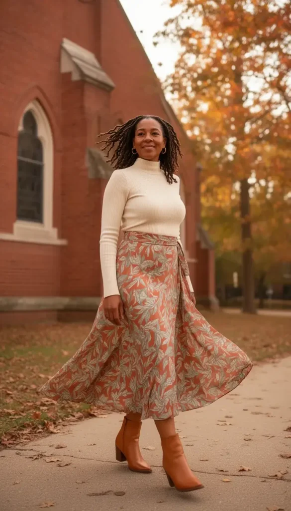 A woman in a botanical print wrap midi skirt with a cream high-neck fitted knit top tucked in, wearing tan ankle boots, photographed outside a church in warm autumn light.