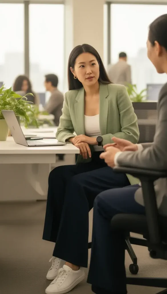 A woman in a sage green linen blazer and navy wide-leg trousers at her office desk, leaning forward in conversation with natural window light behind her.