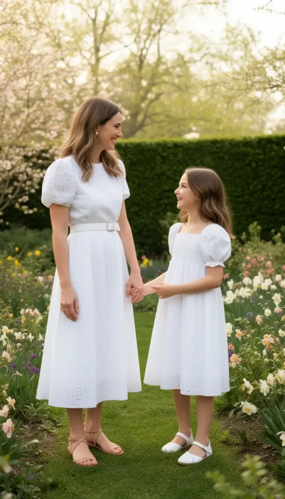  A mother and young daughter in matching white eyelet dresses holding hands in a blooming spring garden on Mother's Day.