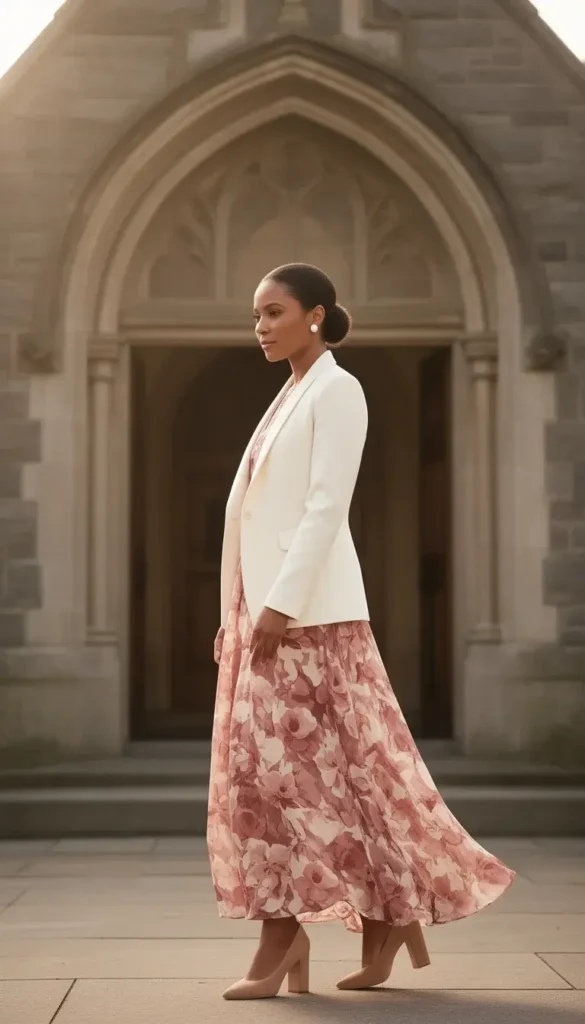 A woman wearing a soft floral midi dress in blush tones with a structured cream blazer, block heels, and pearl earrings, photographed outside a church entrance in morning light.