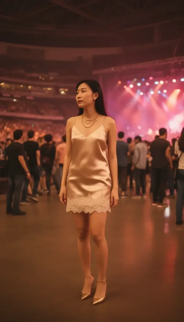 Asian woman in a champagne gold satin slip dress with gold kitten heels inside a stadium before Bruno Mars