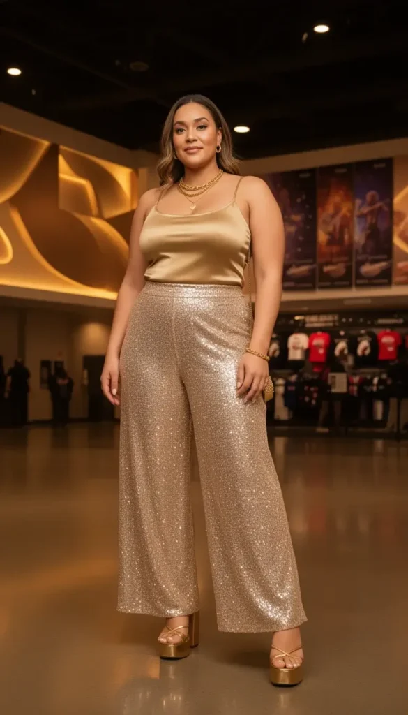 Woman in champagne gold sequin wide-leg palazzo trousers and gold cami in a stadium lobby before Bruno Mars