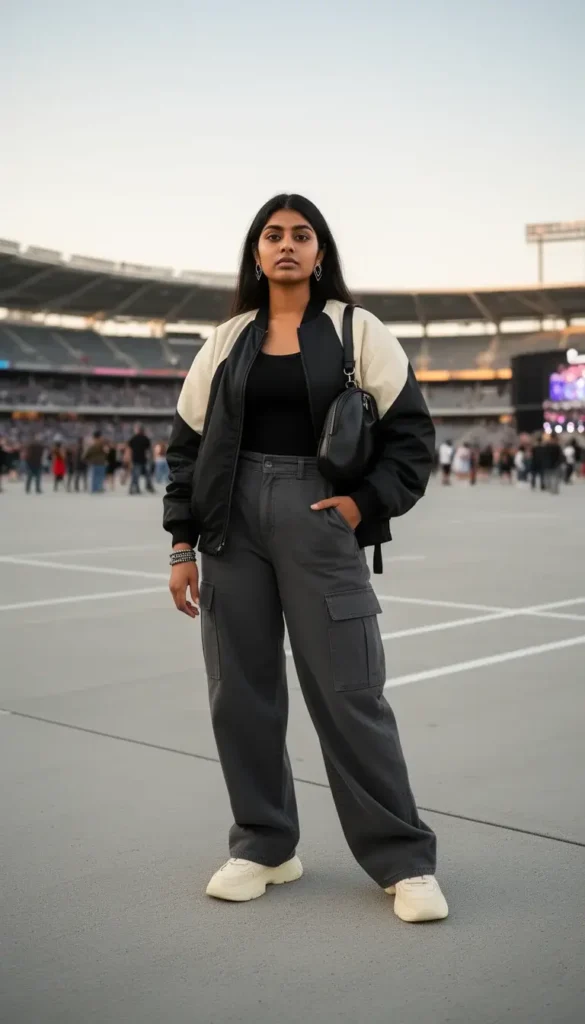 South Asian woman in a black and cream bomber jacket and cargo trousers in a BTS ARMY streetwear concert outfit