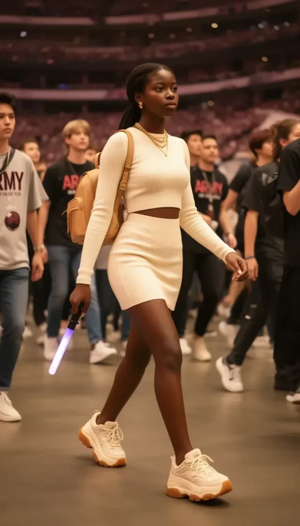 Young Black woman in a cream ribbed matching set with a mini backpack and ARMY Bomb walking through a BTS stadium crowd