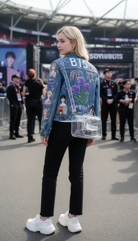 Young woman wearing a heavily customized hand-painted BTS denim jacket at a stadium concert gate entrance