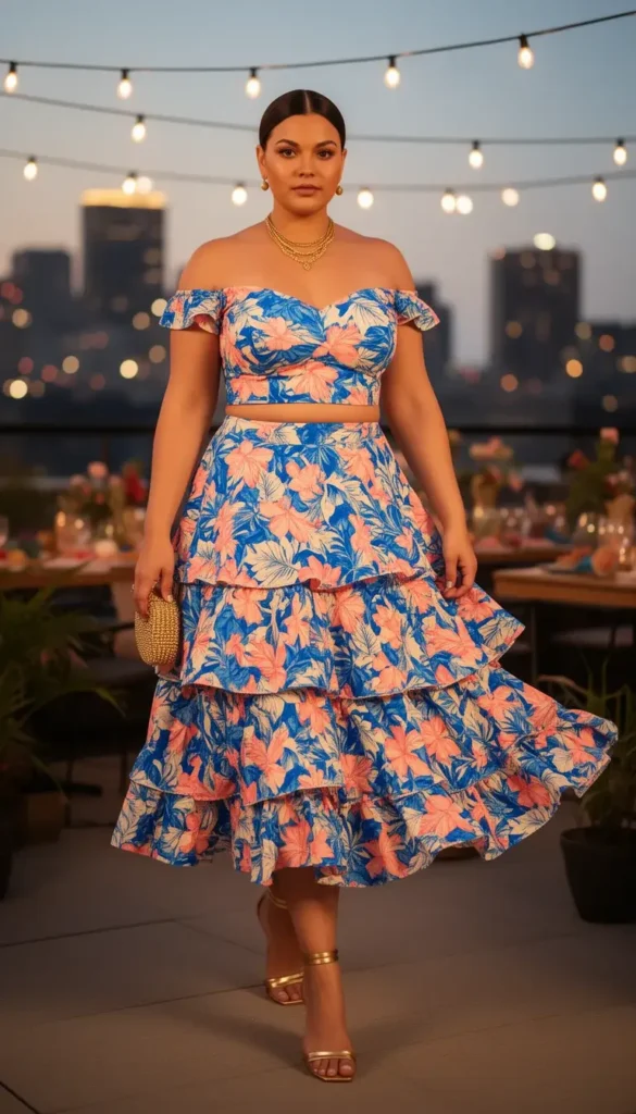 Full-figured woman in a tropical floral co-ord with off-shoulder top and tiered midi skirt styled with gold heels at a rooftop fiesta.