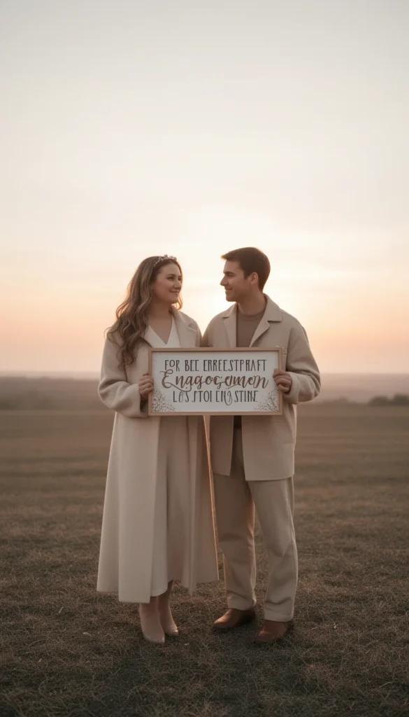 Couple holding a simple engagement announcement sign at sunset