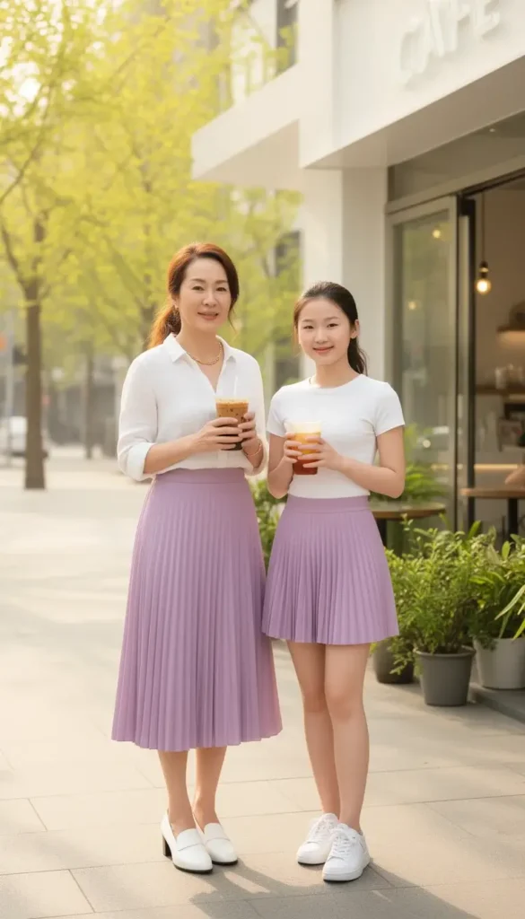A mother in a lilac pleated midi skirt and white blouse and her teenage daughter in a matching lilac mini skirt and white tee holding drinks outside a spring café.