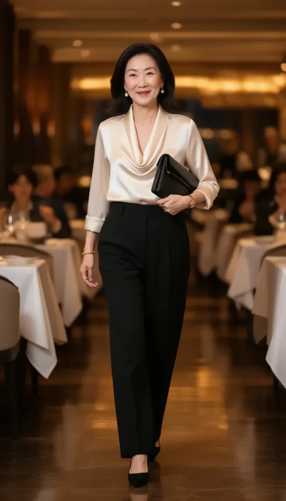 An East Asian woman in a cream cowl-neck silk blouse and wide-leg black trousers walking through an upscale restaurant to her table, with pearl drop earrings and a black clutch.