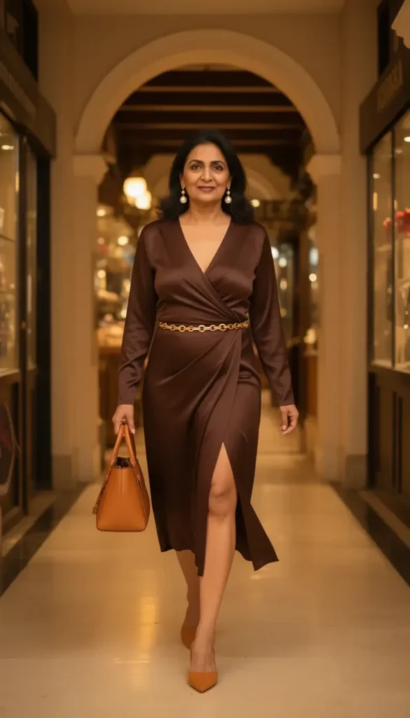 A South Asian woman in a chocolate brown silk long-sleeve wrap dress with a gold chain-link belt walking through a warm-toned boutique hotel hallway.